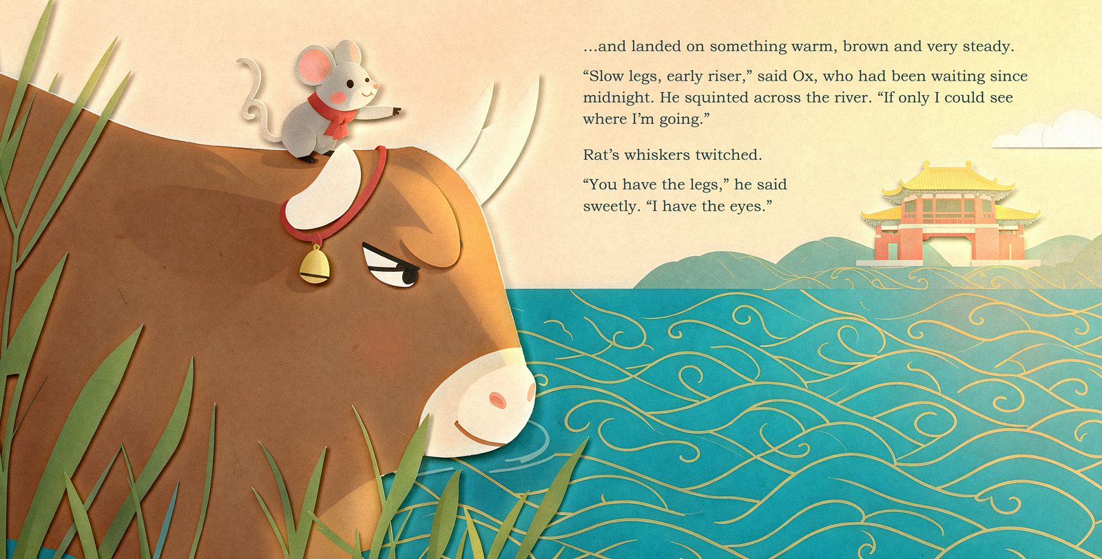 A spread from the book: Rat lands on Ox
