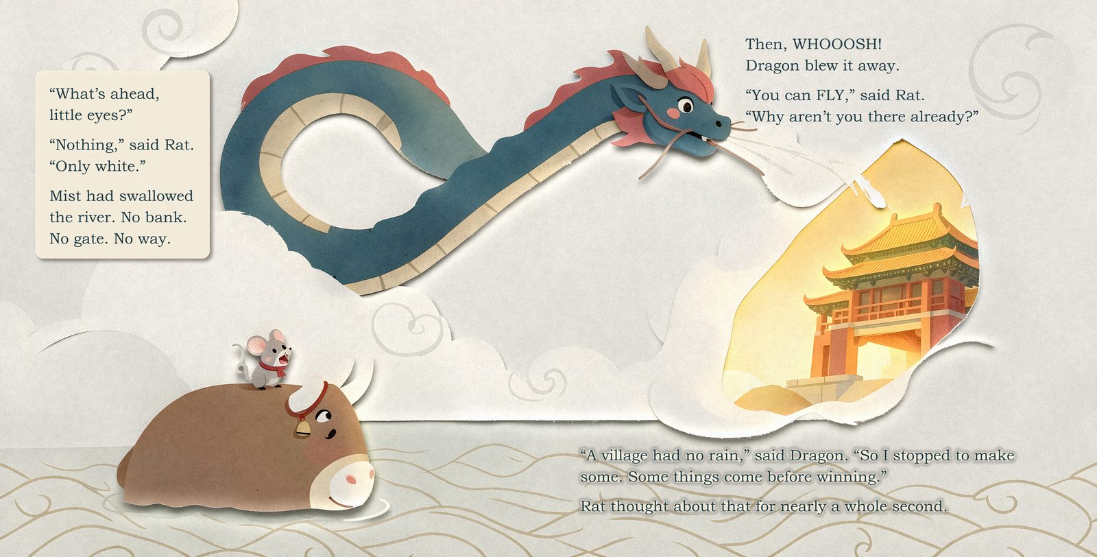 A spread from the book: Dragon blows the mist away